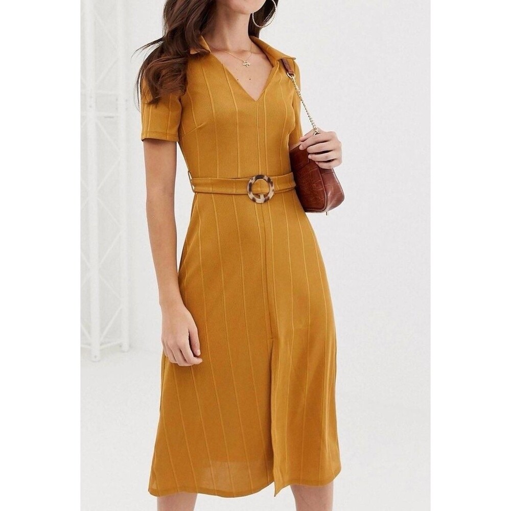 ASOS Design Rib Midi Shirt Dress Sz 10 Golden Tan Faux Tortoiseshell Buckle